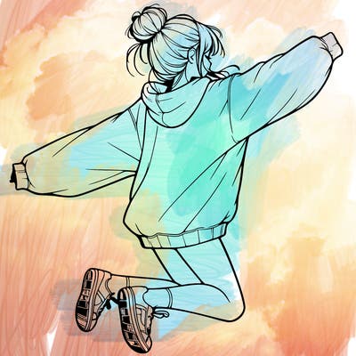 realistic girl jumping with a bun and oversized sweatshirt