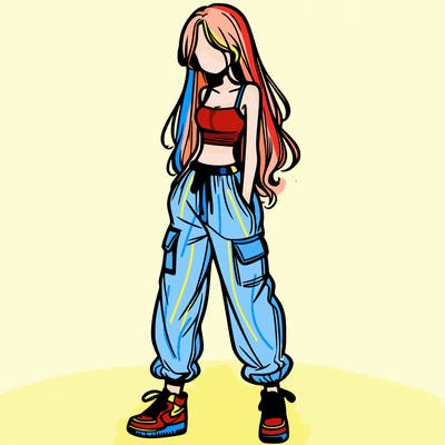 girl in baggy pants crop top and long hair