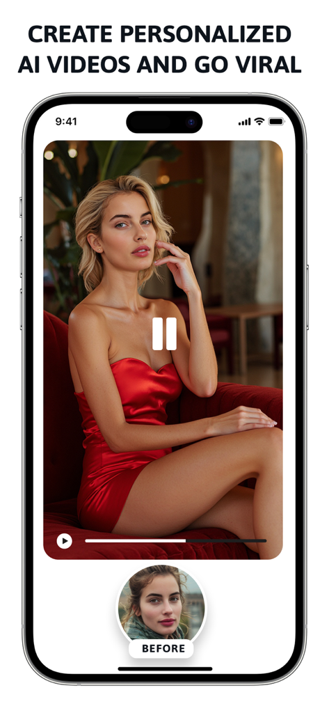 Wavesome.AI Video Generator - Smartphone screen displaying a personalized AI video of a woman and a before photo