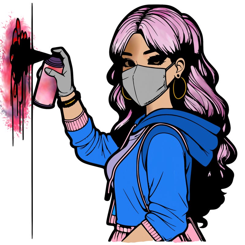 realistic girl with mask spray painting a wall