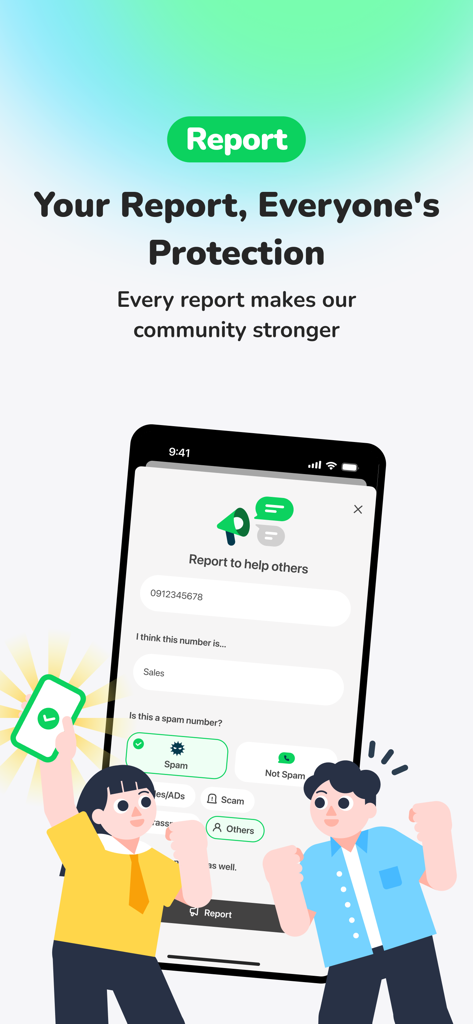 Whoscall app interface showing the community reporting feature to identify and block spam calls