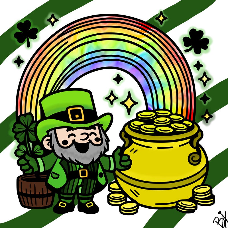 st patrick day with rainbow and gold with leprechaun