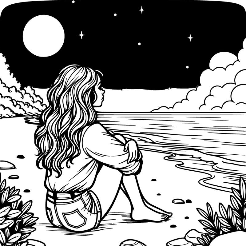 realistic girl sitting on the beach at night