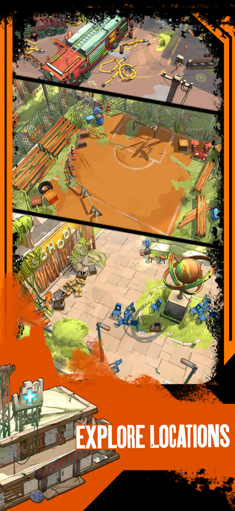 A collage of various post-apocalyptic wasteland locations in the Zombiepunk survival game including a school and a hospital.