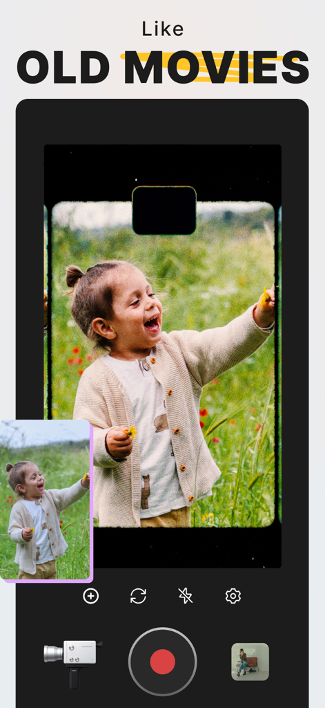 reFilm: Vintage Camera Filters - reFilm app interface showing a vintage film filter applied to a video of a young girl in a field