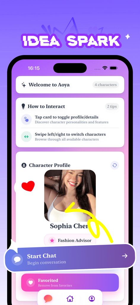 Aoya - Vibe & Style - Aoya app character profile for a fashion advisor named Sophia Chen with a start chat button