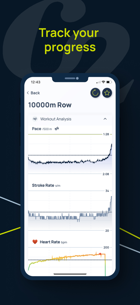 App ErgData che mostra l'analisi di un allenamento di canottaggio di 10000m con grafici per ritmo, frequenza di remata e frequenza cardiaca.