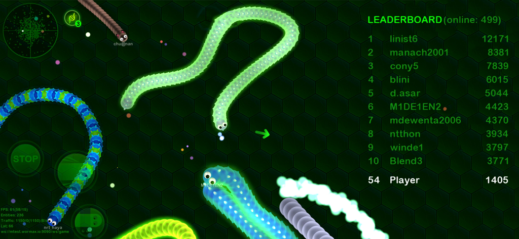 Wormax.io - Wormax.io-Gameplay zeigt bunte Würmer und die kompetitive Bestenliste.