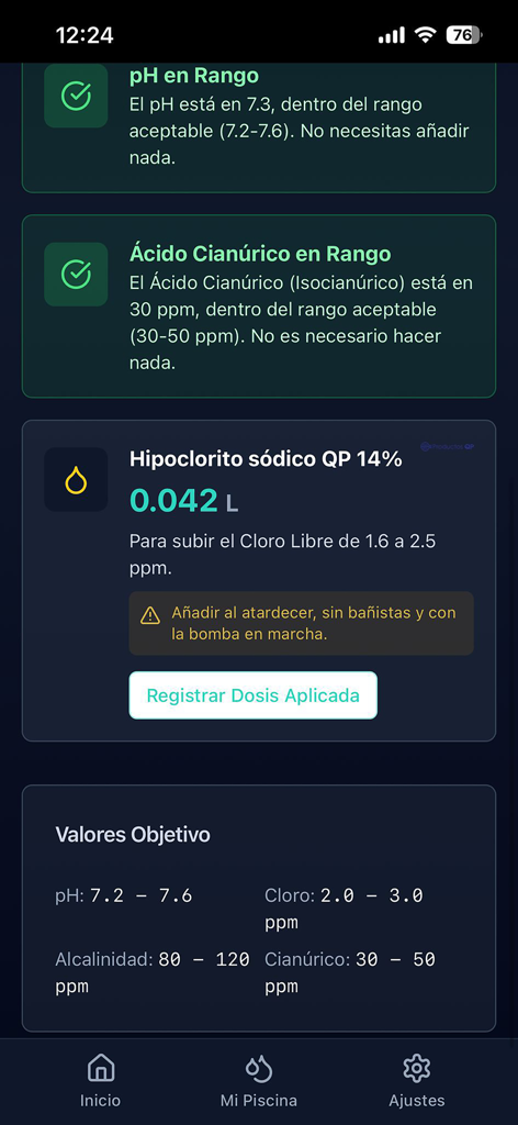 WET app Piscinas - A mobile app screen showing pool chemical dosing recommendations and water quality target ranges