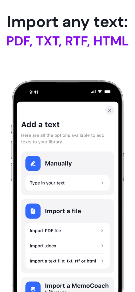 Interface showing options to import PDF Word and text files for memorization