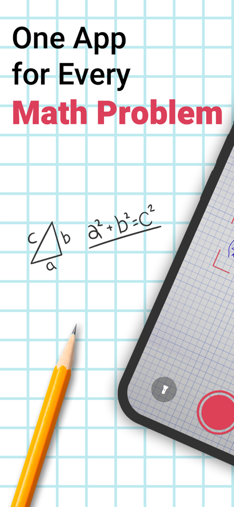 A smartphone using the Symbolab app camera to scan a hand-drawn geometry problem and Pythagorean theorem on graph paper.