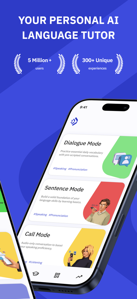 Talkpal - AI Language Learning - Interfaz de la aplicación Talkpal que muestra los modos de oración de diálogo y llamada para el aprendizaje de idiomas con IA