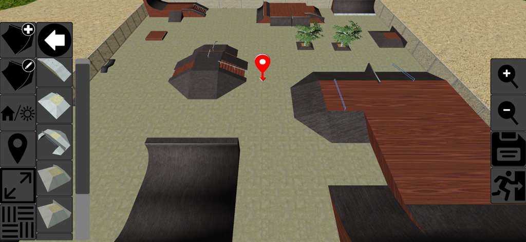 A top down view of the custom skate park builder interface in Scooter Freestyle Extreme 3D showing various ramps and editing tools