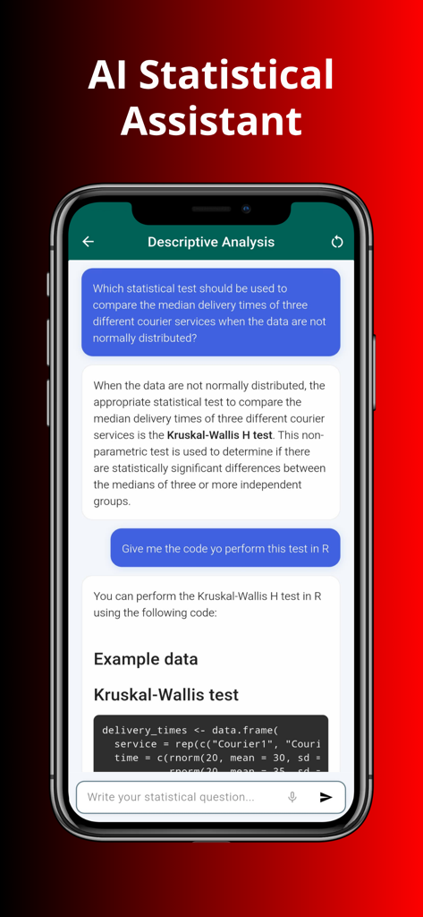 SAPO: AI Statistical assistant - SAPO AI Statistical Assistant app screen showing a chat for statistical test recommendations and R code generation