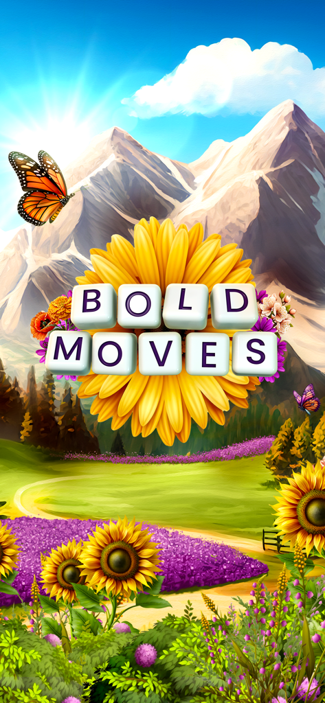 Bold Moves - Bold Moves game title on a sunflower in a beautiful nature landscape with mountains