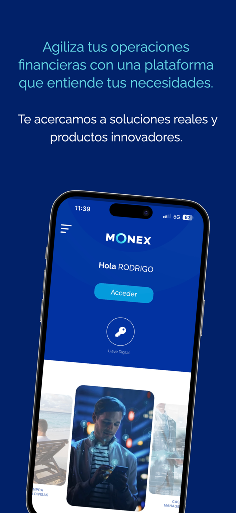 Monex Móvil - Pantalla de bienvenida de la aplicación Monex Movil en iPhone que muestra el acceso a inicio de sesión y llave digital