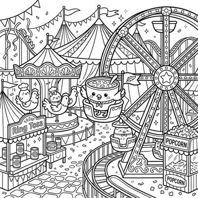 Dive into a delightful carnival scene where charming chicken soups come to life amidst classic fairground attractions. This engaging coloring page offers a unique blend of culinary comfort and festive excitement, perfect for artists of all ages.
