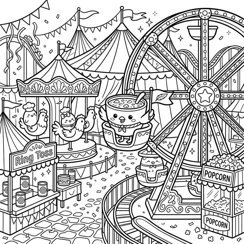 Dive into a delightful carnival scene where charming chicken soups come to life amidst classic fairground attractions. This engaging coloring page offers a unique blend of culinary comfort and festive excitement, perfect for artists of all ages.