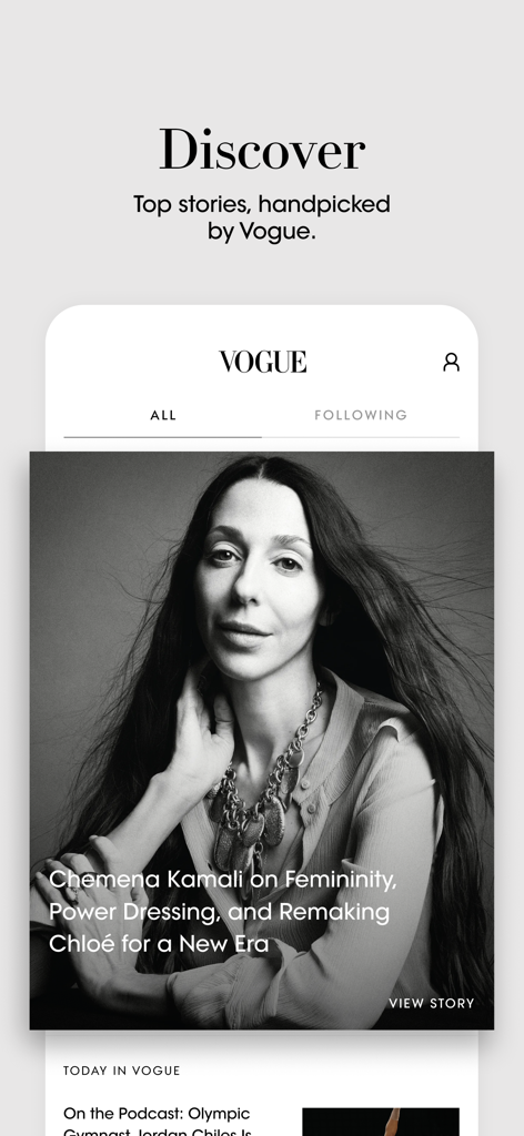 Vogue: Fashion & Shopping - Vogue app Discover tab displaying handpicked top fashion stories.