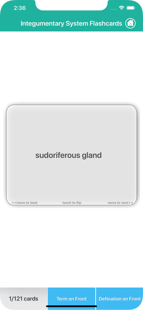 Anatomy : Integumentary System - 画面に「汗腺」という用語を表示する医学解剖学のフラッシュカード