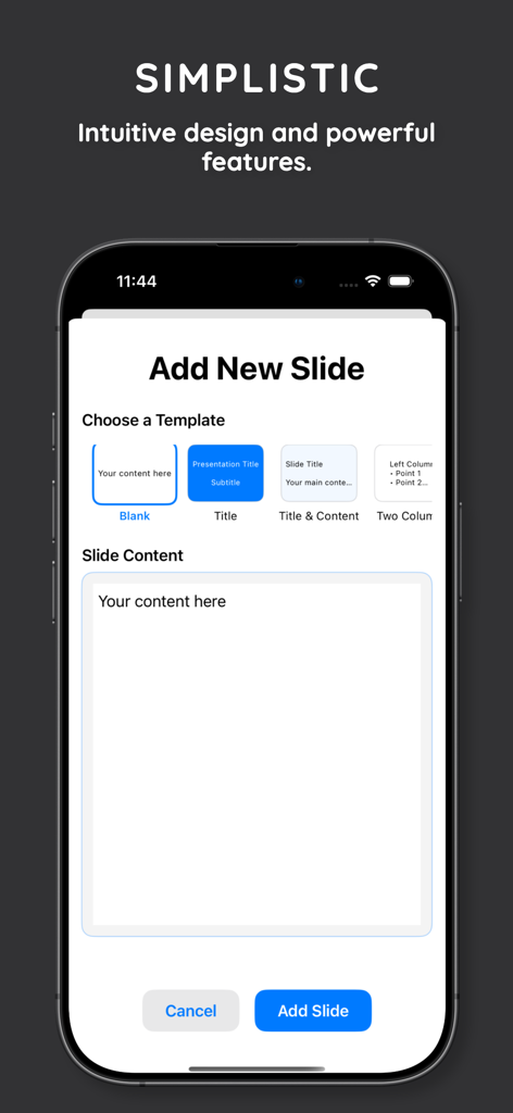 Pantalla de smartphone que muestra la interfaz de añadir nueva diapositiva con varias plantillas de presentación