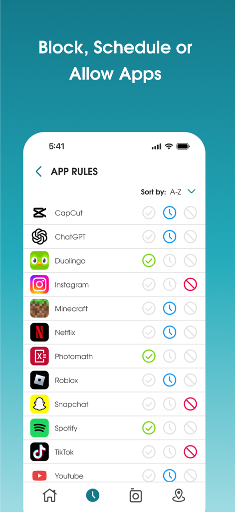 Pantalla de reglas de la aplicación OurPact que muestra opciones para bloquear, programar o permitir aplicaciones específicas como Instagram y TikTok