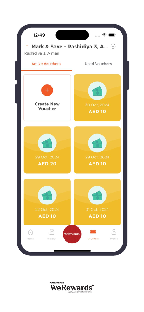 We Rewards - Active vouchers screen in the We Rewards loyalty app displaying earned rewards and points redemption