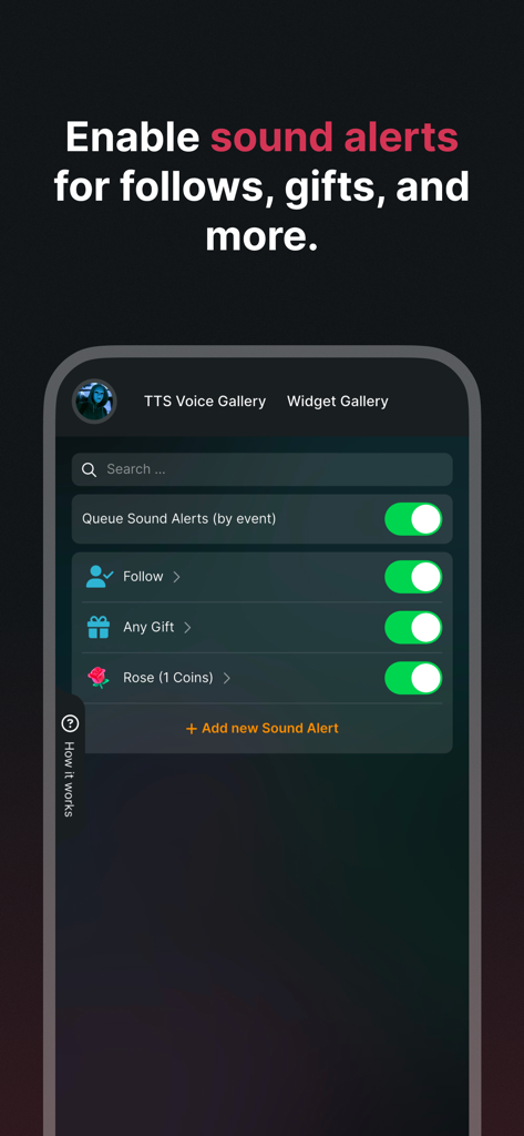 Interface for enabling sound alerts for follows and gifts in the Tikfinity Mobile app