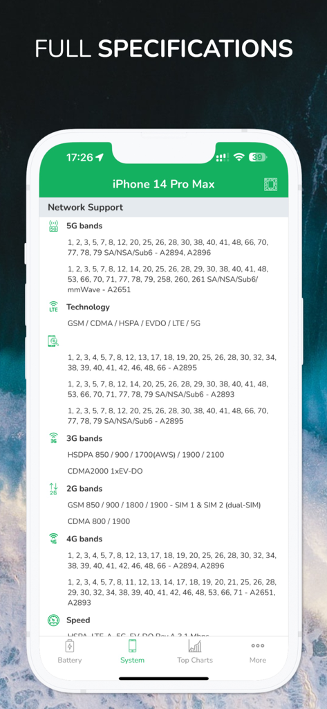Battery Testing - Full network specifications for iPhone 14 Pro Max in Battery Testing app