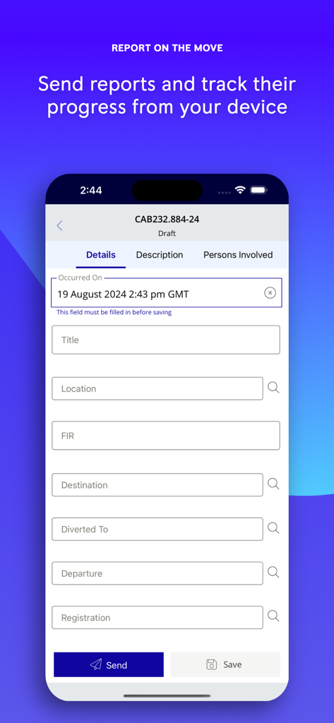 Rolls Royce SMS Mobile app interface showing a safety incident report form draft