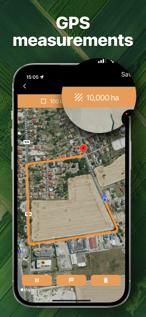 GPS land area measurement on a mobile map interface