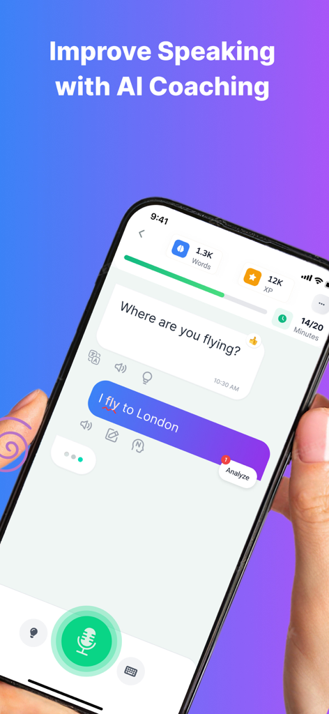 LingUp: AI Language Speaking - LingUp mobile app interface showing a real-time AI conversation for language speaking practice with grammar feedback.