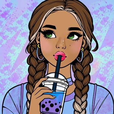 realistic girl with braided hair drinking boba