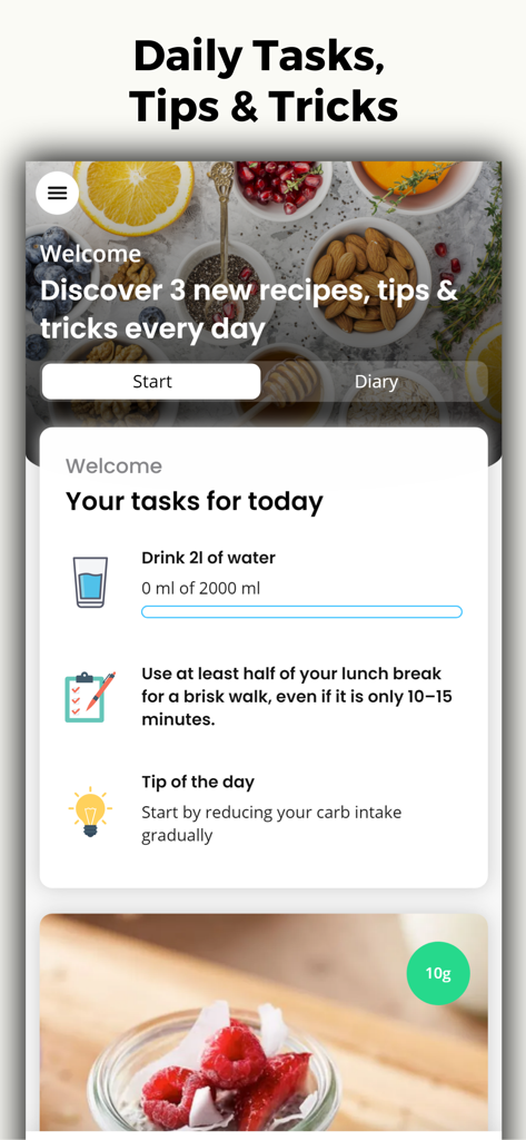Low Carb Recipes & Keto Diet - Panel de control de una aplicación de dieta keto que muestra tareas diarias de salud, rastreador de agua y consejos dietéticos