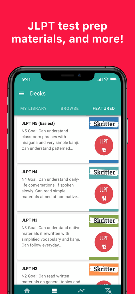 Skritter app interface displaying featured JLPT study decks from level N5 to N2