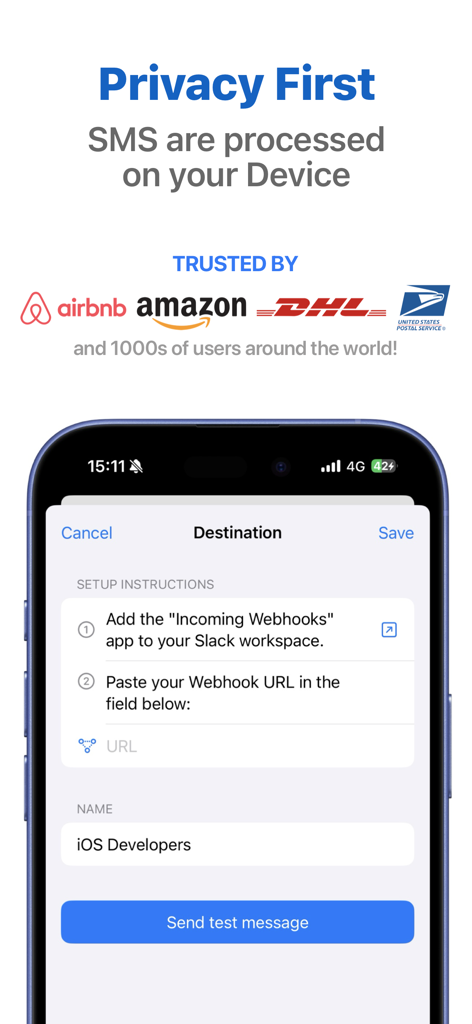 SMS Forwarder: Forward SMS - iPhone app screen for SMS Forwarder showing privacy features and Slack webhook setup instructions