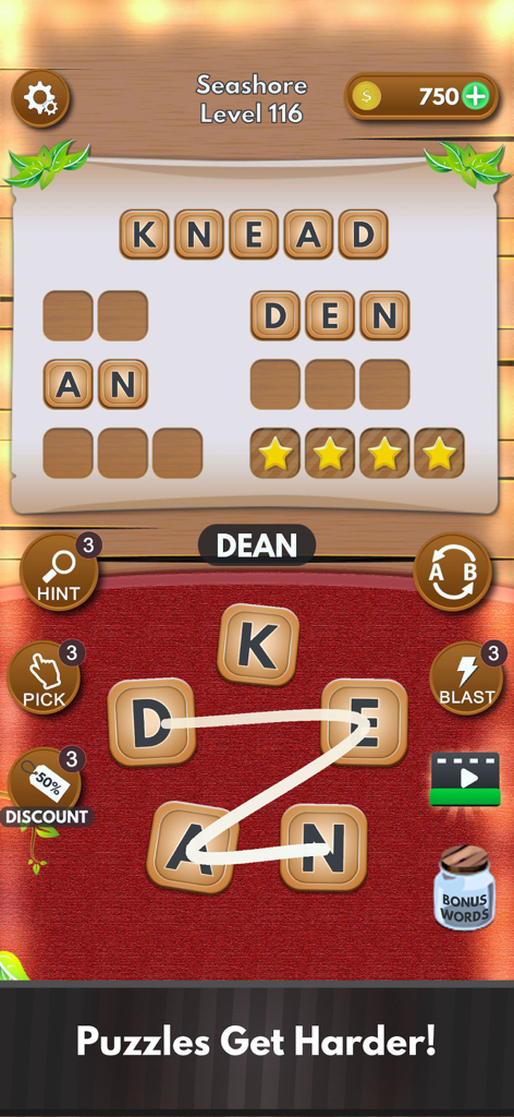 Gameplay screenshot of Word Winner showing a word puzzle with wooden letter tiles on a seashore theme background