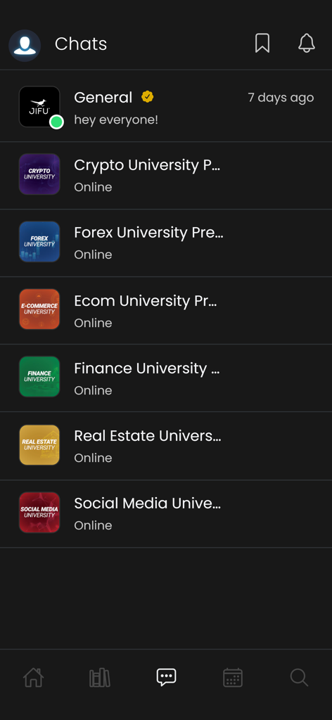 JIFU Connect - Interfaz de la aplicación JIFU Connect que muestra varias categorías de chat educativo como Universidades de Criptomonedas, Forex y Finanzas.