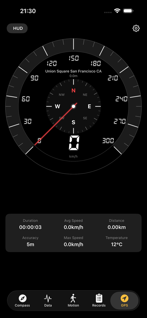 Compass: GPS Altimeter & Nav - Digital GPS speedometer and navigation screen displaying location and activity stats