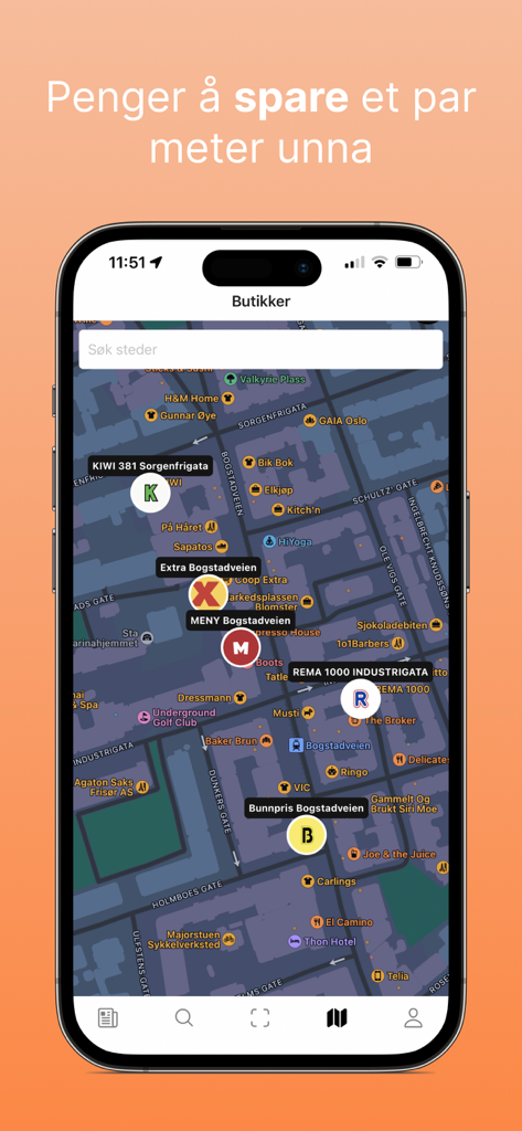 Captura de pantalla de la interfaz del mapa de la aplicación Prisjegere que muestra ubicaciones y logotipos de supermercados cercanos para comparación de precios.