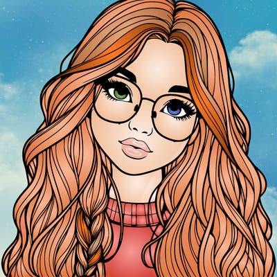 girl with long hair and freckles and glasses realistic