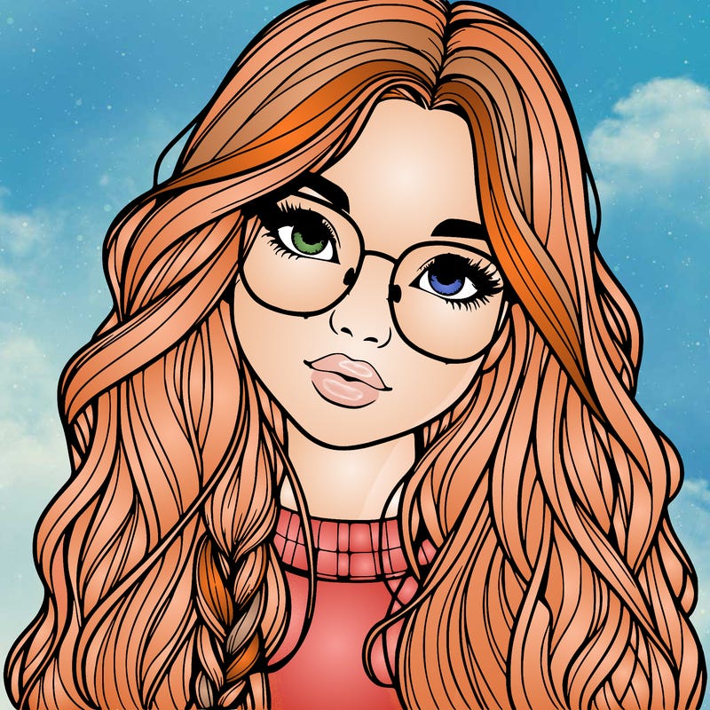 girl with long hair and freckles and glasses realistic