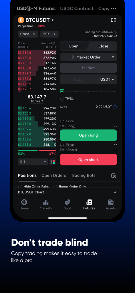 Toobit: Buy BTC, ETH & Crypto - Interface de l'application Toobit montrant les fonctions de trading de futures BTCUSDT et de copy trading sur un appareil mobile