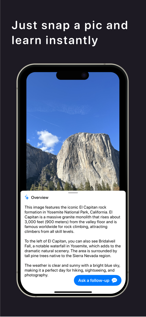 Vision GPT - Image Analyzer - Smartphone screen showing Vision GPT app analyzing a photo of El Capitan rock formation with detailed information