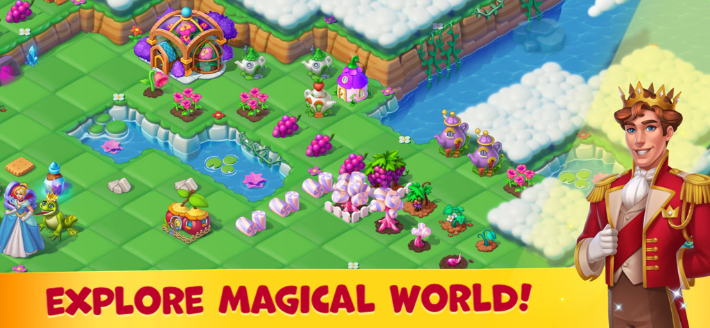 Fairyland: Merge & Magic - A colorful game screen of Fairyland Merge and Magic with a prince character and a fairytale kingdom to explore