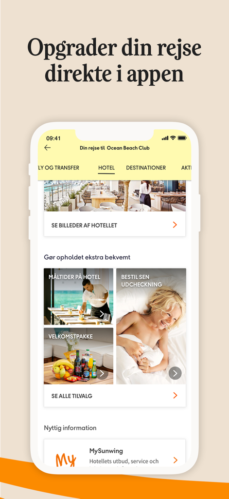 Spies – rejser, fly & hoteller - Spies travel app interface displaying options for hotel meals and late checkout.