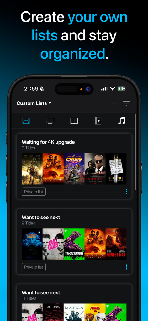 CheapCharts - Movie & TV Deals - Interfaz de la aplicación CheapCharts que muestra listas personalizadas para organizar películas y rastrear mejoras 4K