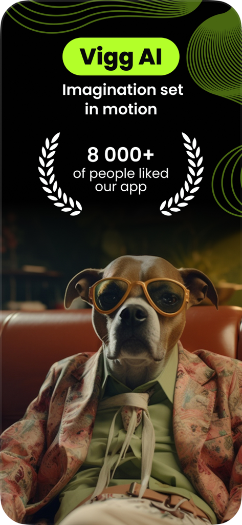 Interfaz de la aplicación Vigg AI que muestra un elegante perro generado por IA con un traje floral y gafas de sol