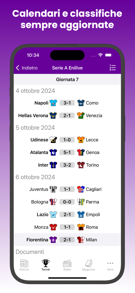 FirenzeViola.it - FirenzeViola.it app screen showing Serie A soccer match results and scores for Matchday 7.