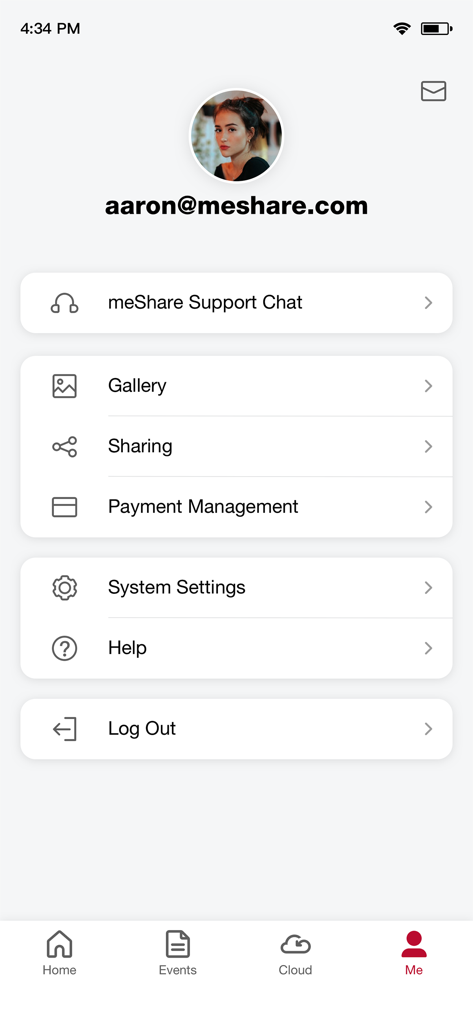 meShare app user profile screen showing account settings support chat and payment management